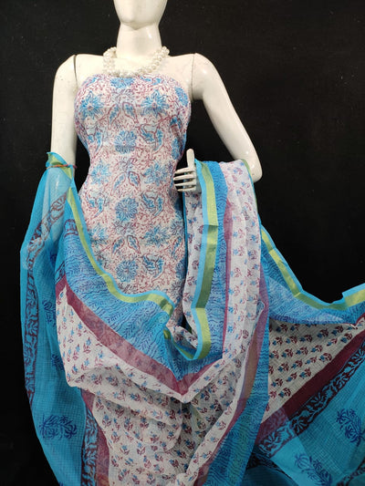 Kota Doria Blue Suit Material Handblock Printed with Zari Border Dupatta-Indiehaat