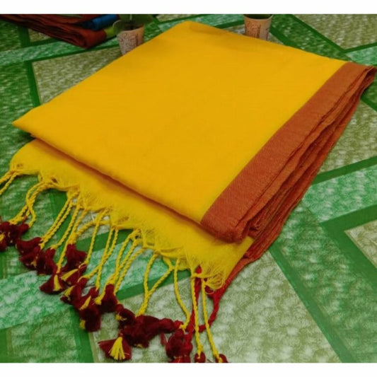 Pure Handloom Mul Cotton Yellow Saree 120 Count (Without Blouse)-Indiehaat