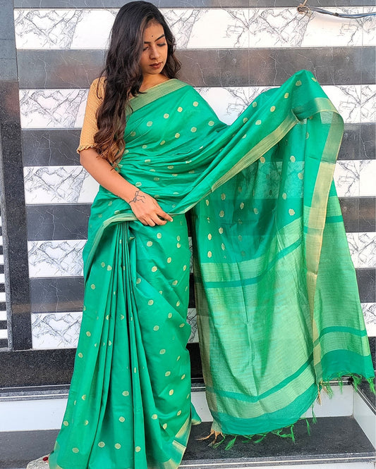 Katan Staple Silk Saree Green Color with running blouse - IndieHaat