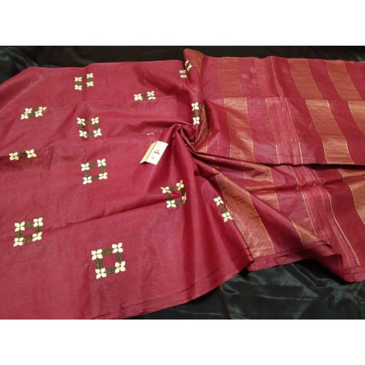 Silkmark Certified Eri Silk Embroidered Red Saree with Running Blouse-Indiehaat