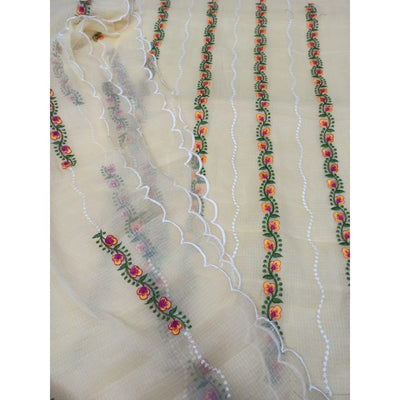Kota Doria Biege Suit Material Embroidered and Hand Dyed with Dupatta-Indiehaat