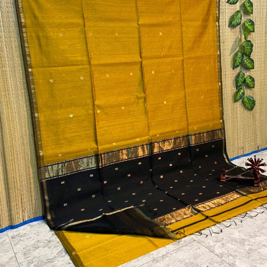 Maheshwari Silk Saree Butta Body Mustard Brown Color with golden zari weaving border and running blouse (Butta Design) - IndieHaat