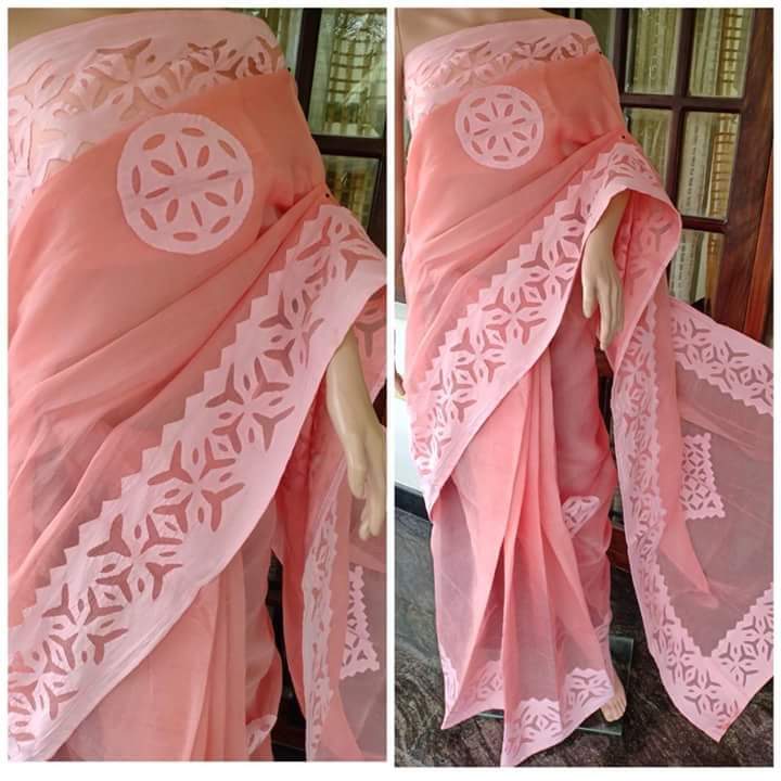 Organdy Cotton Saree Applique work Pink Colour with running blouse-Indiehaat