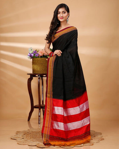 ILKAL Handloom Cotton Silk Saree Black Color with running blouse - IndieHaat