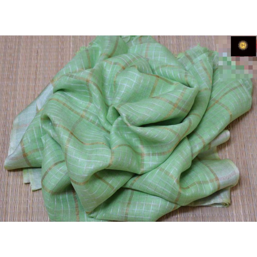 Pure Linen Check Design Handloom Green Saree with Running Blouse-Indiehaat