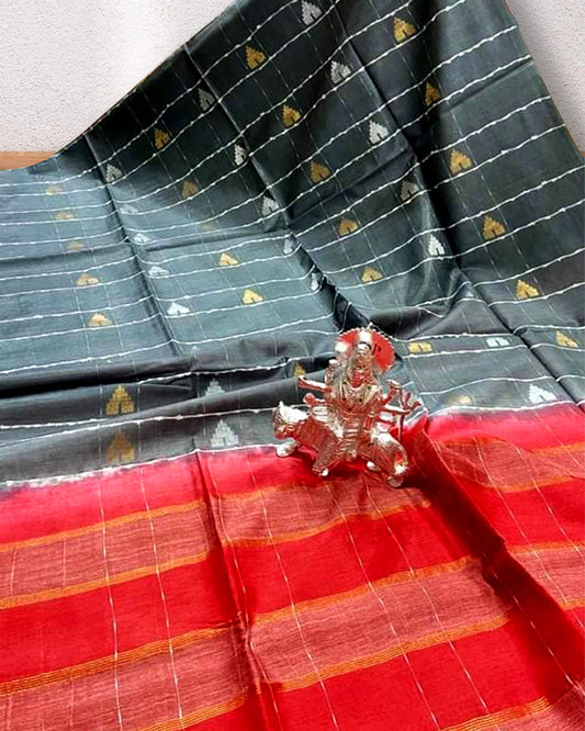 Katan Dupion Silk Saree Black Color Weaving Design Contrast Pallu with running blouse - IndieHaat