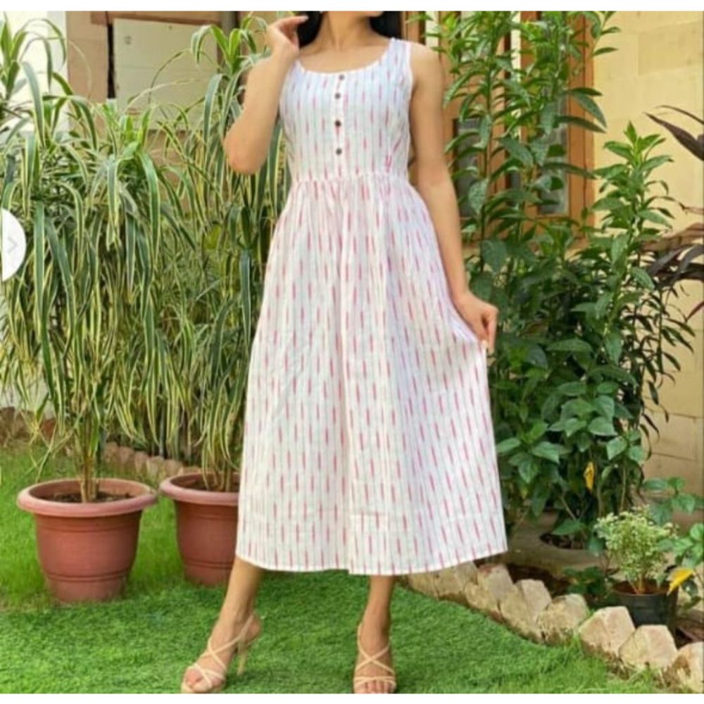 Pure Cotton White Ikkat Handblock Printed Prestitched Dress (Size 34 to 46)-Indiehaat