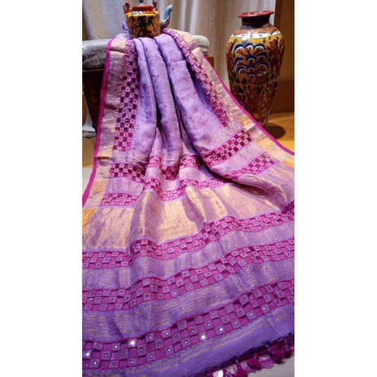 Pure Linen Hand Cutwork Design Purple color Saree with Running Blouse-Indiehaat