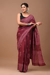 Mulmul Cotton Saree Deep Red Color Handblock Printed with running blouse - IndieHaat