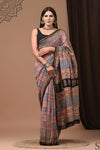 Pure Chanderi Silk Red&Blue  Saree Handblock Printed with running blouse