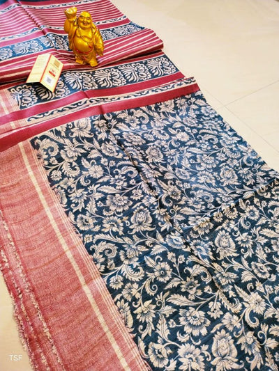 Silkmark Certified Tussar Silk Handloom Handblock Printed Red Saree with Blouse-Indiehaat