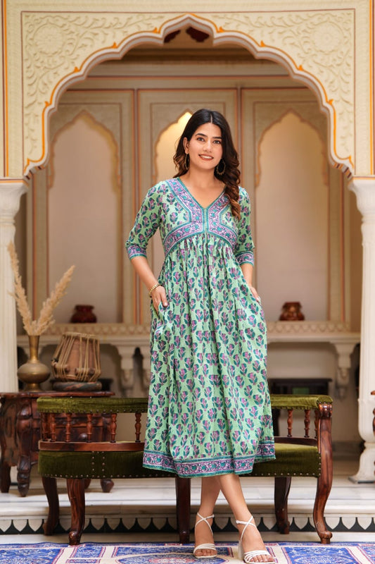 Pure Cotton Pale Green Color Handblock Printed Naira Cut V Neck Dress (Size: 36-46) - IndieHaat