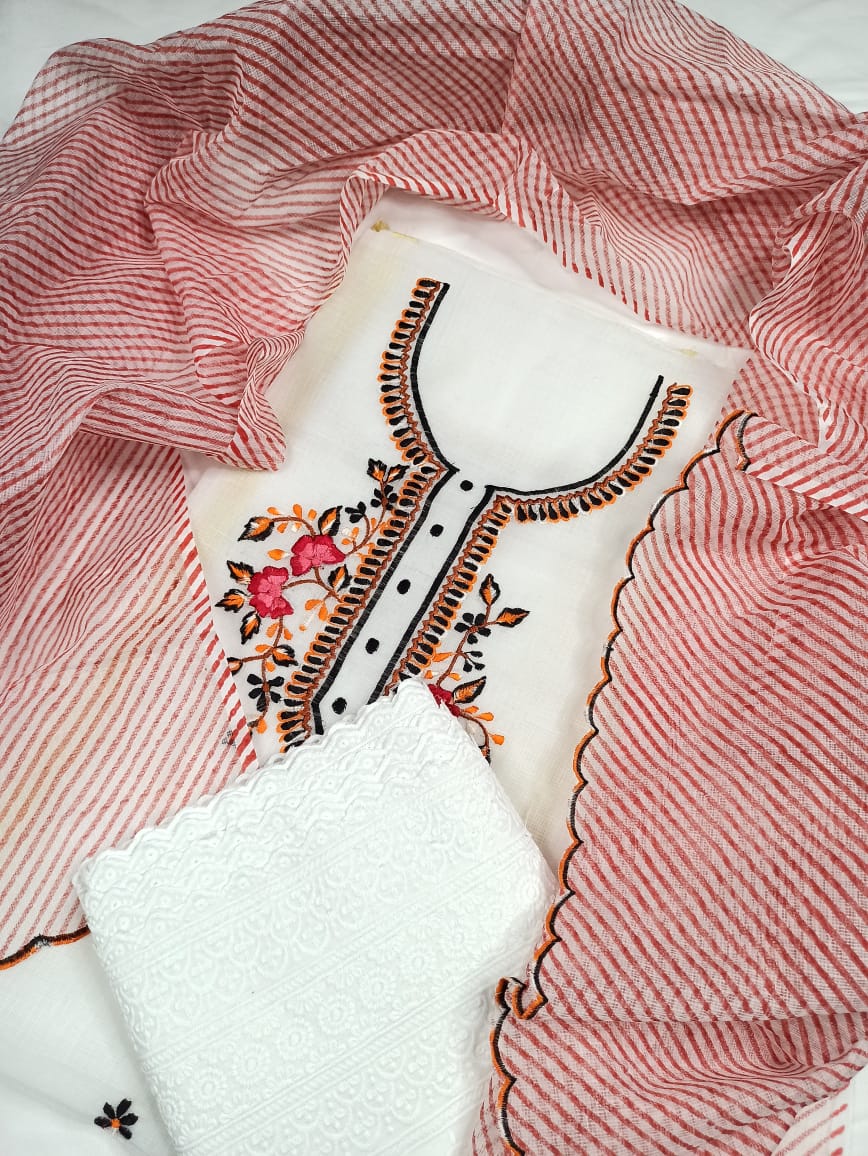 Kota Doria Embroidery White Suit Material with Leheriya Red Dupatta and Chikenkari Bottom-Indiehaat