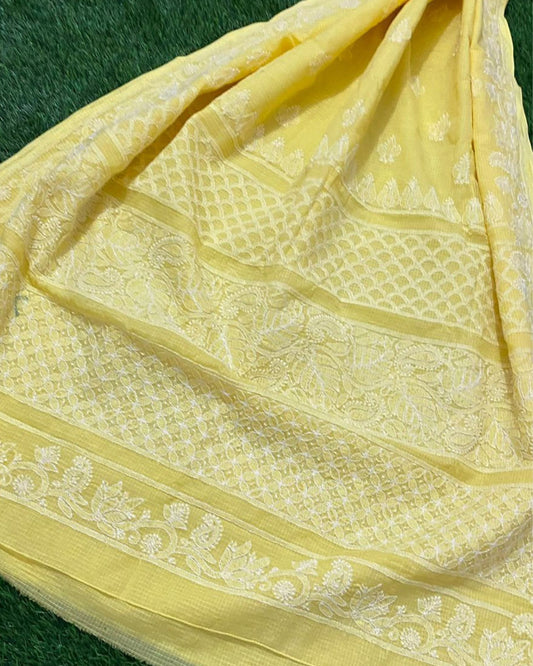 Kota Doria Saree Pastel Yellow Color Chikankari work without blouse - IndieHaat