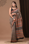 Pure Chanderi Silk  Black Saree Handblock Printed with running blouse