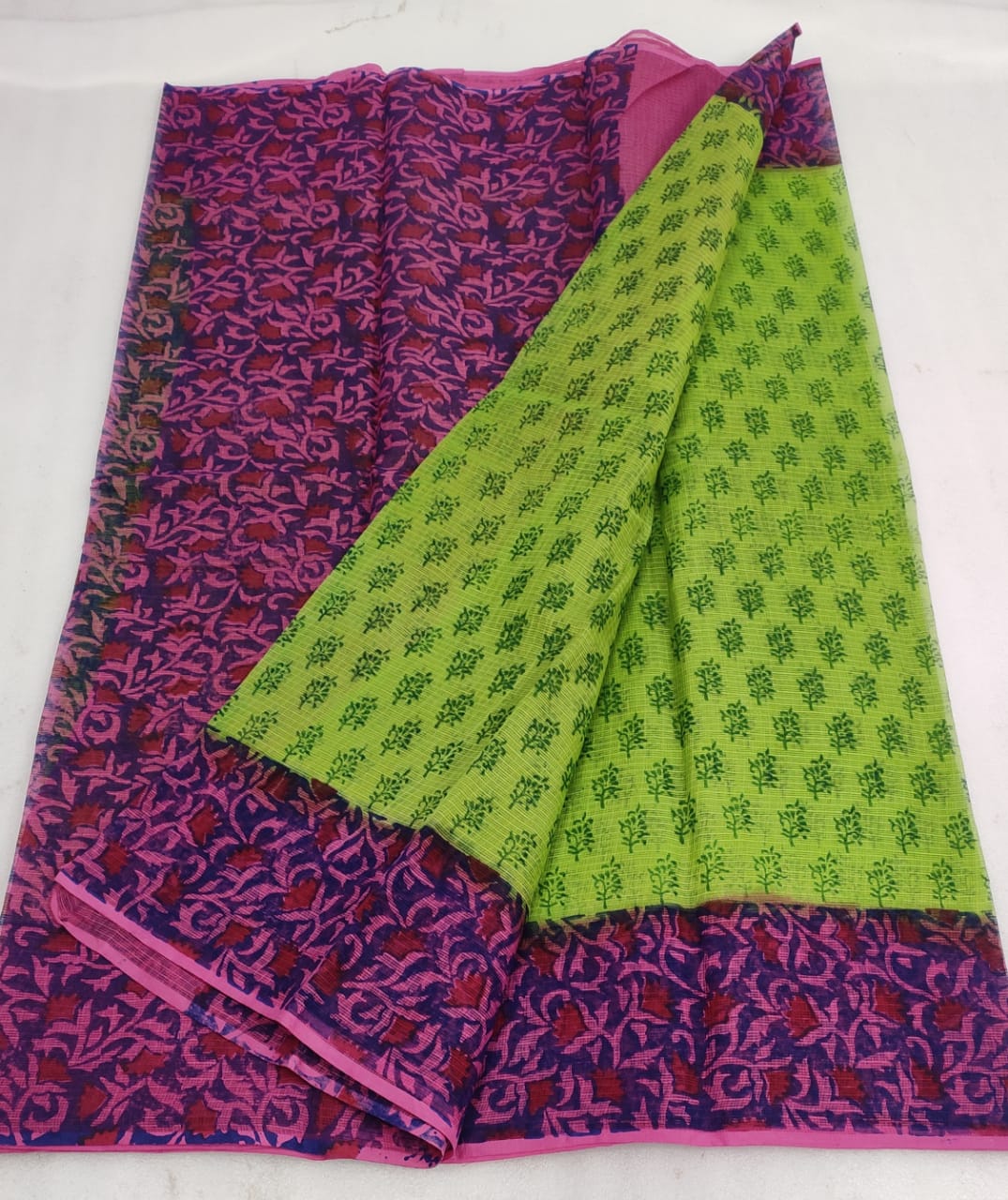 Kota Doria Handblock Printed Green Saree with blouse-Indiehaat