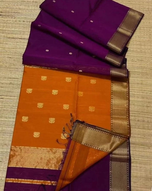 Maheshwari Handloom Handwoven Saree Spanish Purple Color Double Design Zari Border with flower buti pallu and contrast blouse - IndieHaat