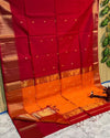Maheshwari Handloom Handwoven Saree Dark Red Color Double Design Zari Border with flower buti pallu and contrast blouse - IndieHaat