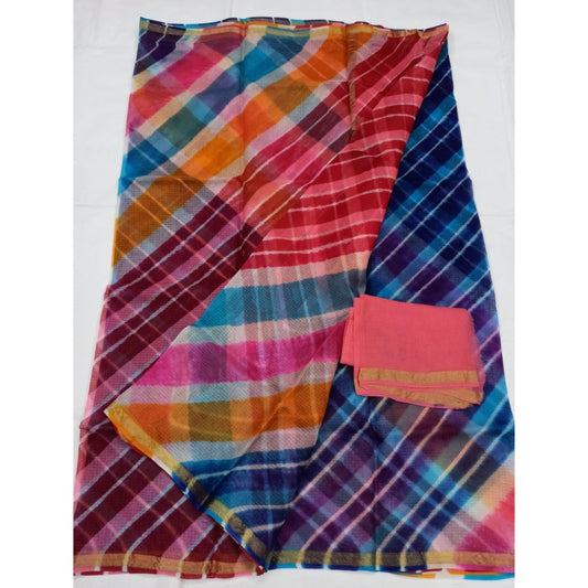 Pure Silk Kota Doria Multicolor Saree with blouse Handcrafted-Indiehaat