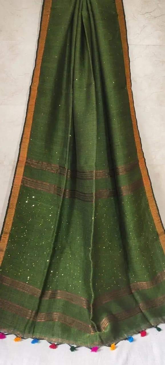 Pure Line Saree Sequence Green 9% Off - IndieHaat