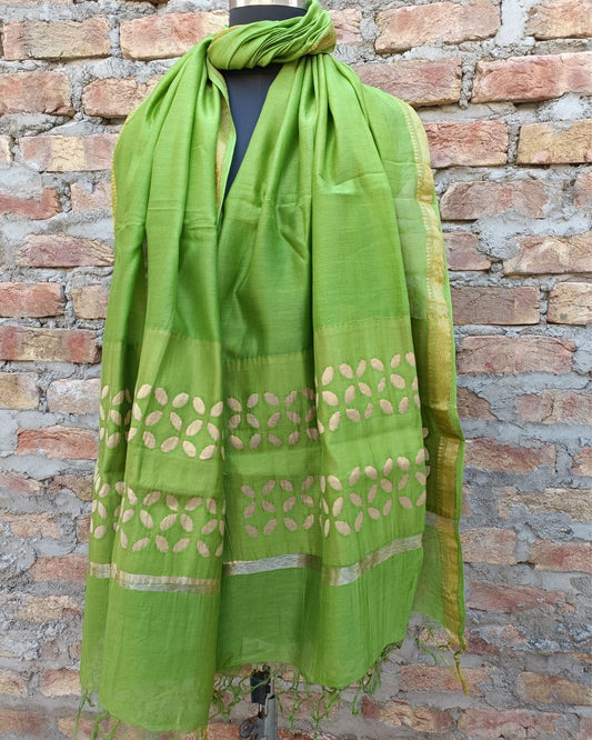 Chanderi Silk Dupatta Pistachio Green Color Applique Work - IndieHaat