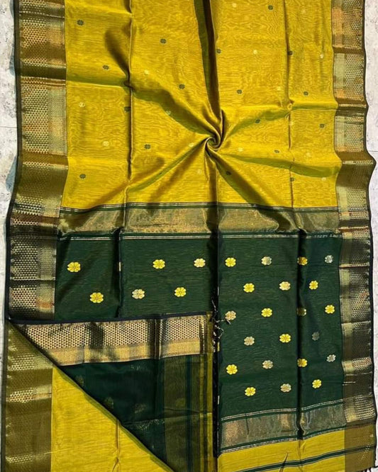 Maheshwari Silk Saree Goldenrod Yellow Color Handloom Handwoven Zari Border with flower Buti work pallu and contrast blouse - IndieHaat