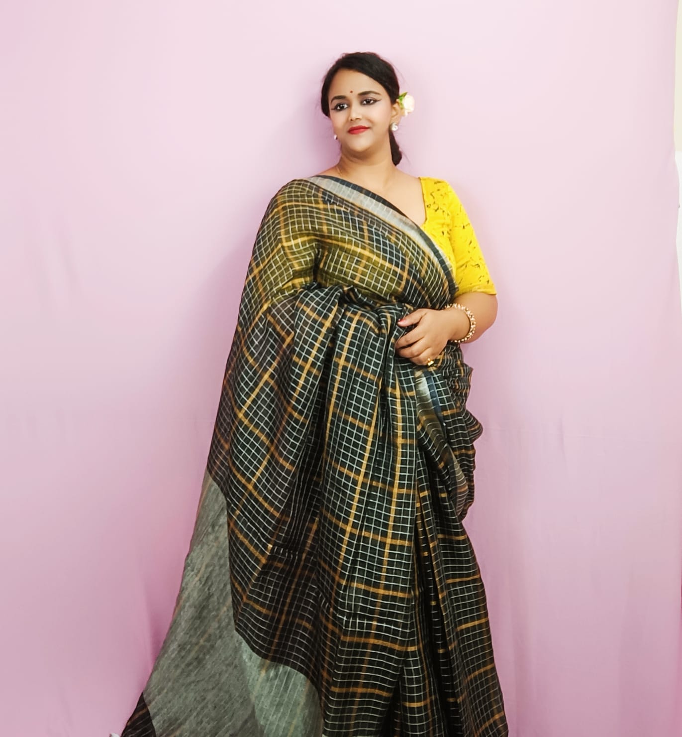 Pure Linen Check Design Handloom Saree Black Colour with Running Blouse