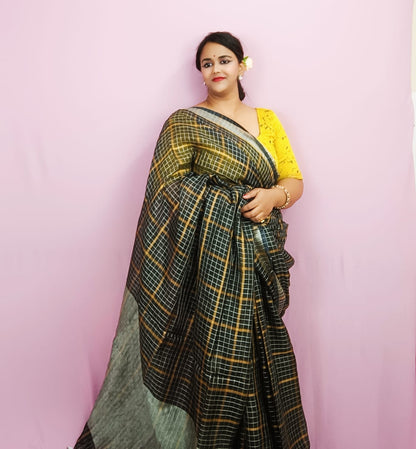 Pure Linen Check Design Handloom Saree Black Colour with Running Blouse-Indiehaat