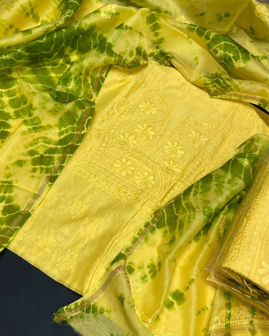 Pure Chanderi Silk Kurti Bright Yellow Color with heavy Chikankari work Dupatta - IndieHaat