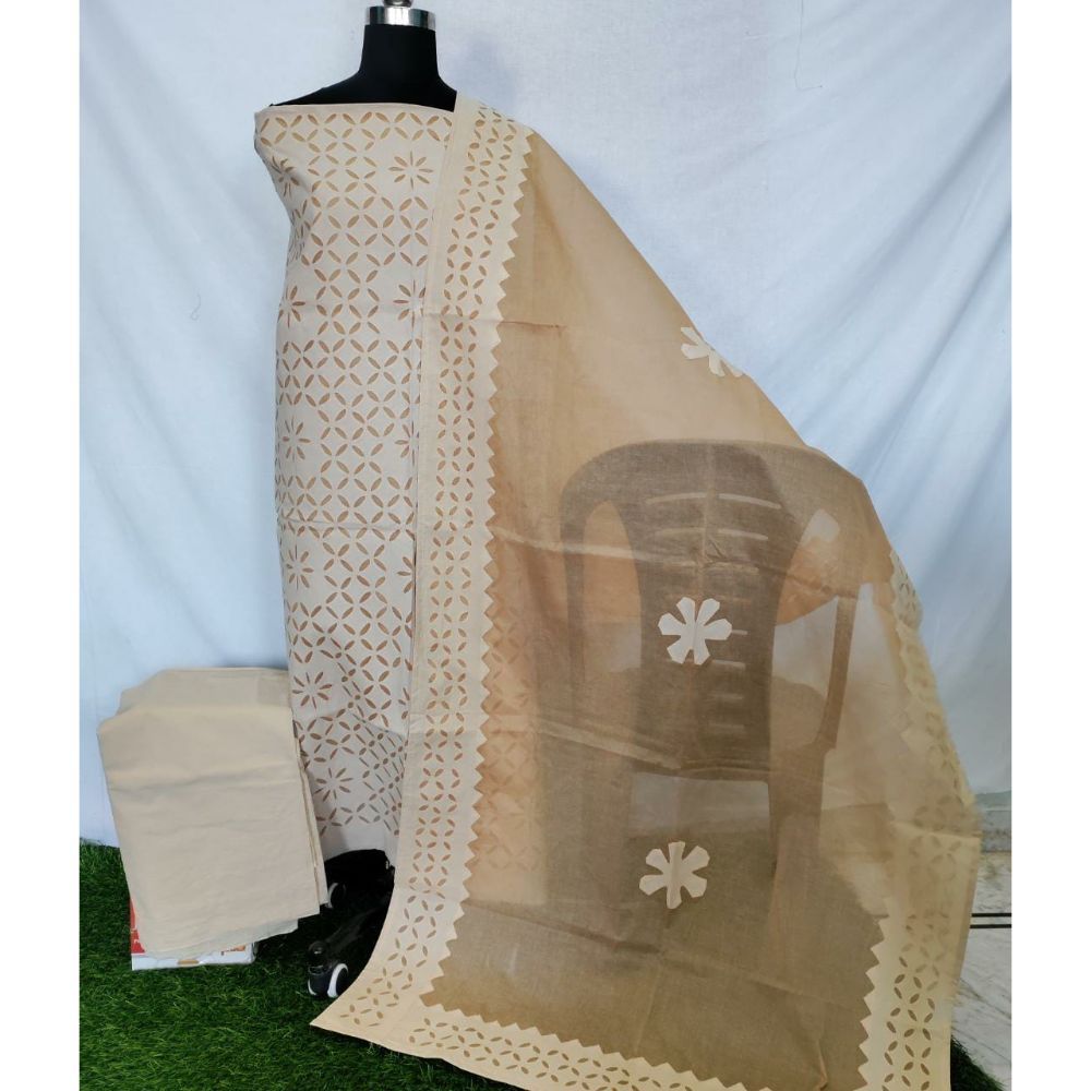 Cotton Applique work Brown Suit with Organdy Dupatta | Indiehaat