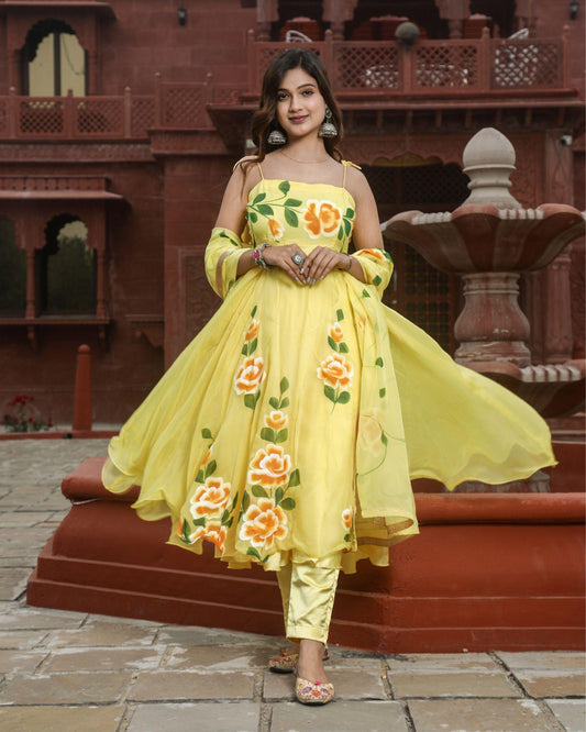 Organza Stitched Suit Yellow Color Hand painted - IndieHaat