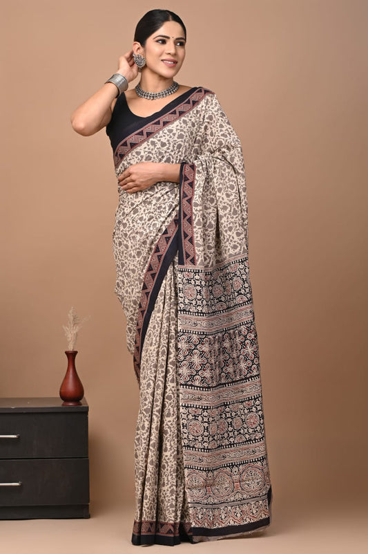Mulmul Cotton Saree Beige Color Handblock Printed with running blouse - IndieHaat