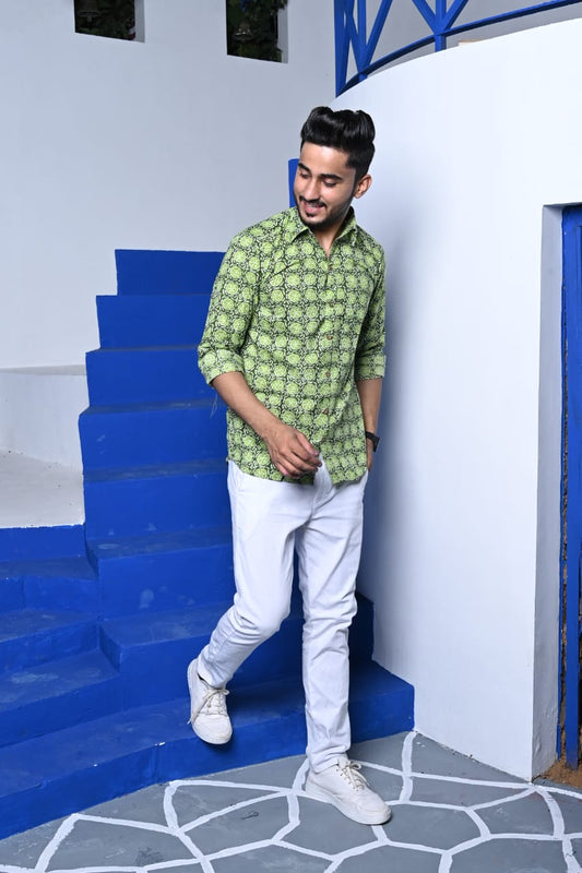 Hand Block Printed Pure Cotton Men'S Green Shirts (Full Sleeves) (Size 38-46)-Indiehaat