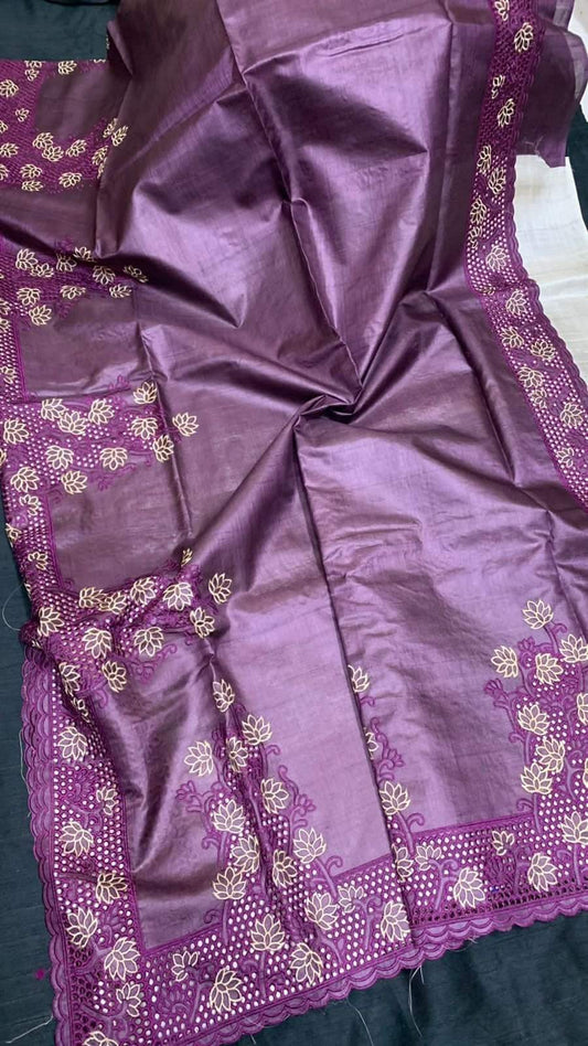 Silkmark Certified Pure Tussar Hand Cutwork Violet Color Saree (Tussar by Tussar Fabric) - IndieHaat