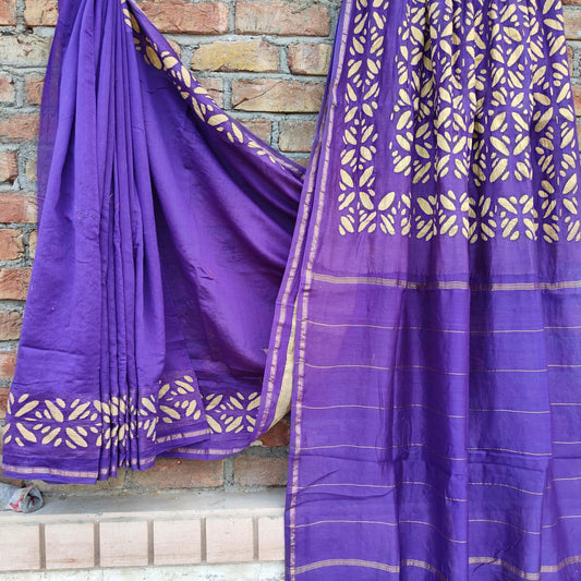 Chanderi Silk Purple Saree Hand Applique Work with running blouse-Indiehaat