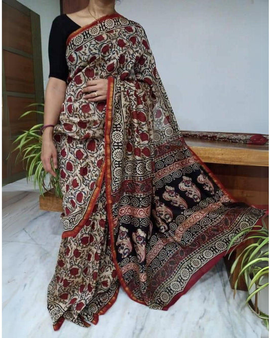 Chanderi Silk Saree Pale Greyish Beige Color Kalamkari Print with running blouse - IndieHaat