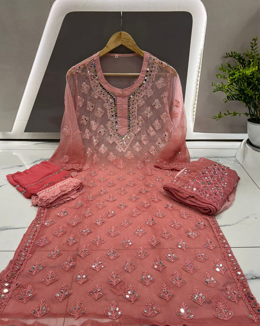 Georgette Kurti Rose Pink Color Chikankari Ombre Mirror Work with Dupatta, Bottom and Inner - IndieHaat