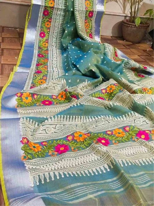 Muslin Silk Saree Embridered Cyan Blue Color with running blouse - IndieHaat