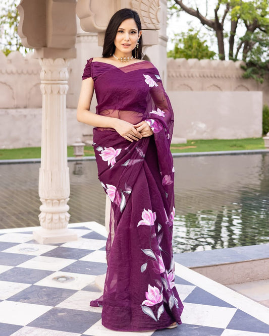 Organza Silk Saree Magenta Purple Color Hand Painted with running blouse - IndieHaat
