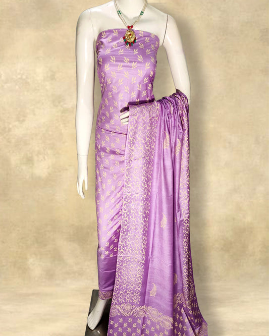 Katan Silk Suits Pastel Violet Color Handblock Printed - IndieHaat 