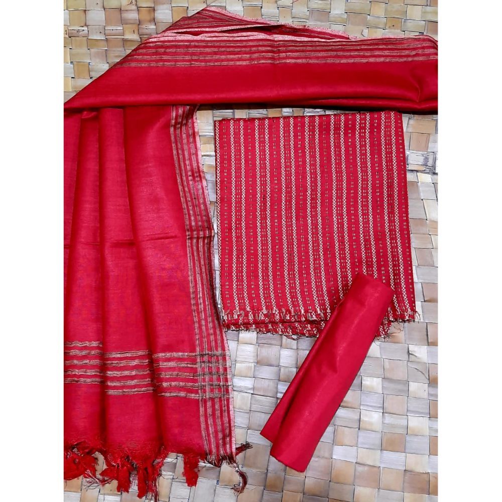 Katan Silk Red Suit Piece with Bottom and Dupatta Handcrafted-Indiehaat