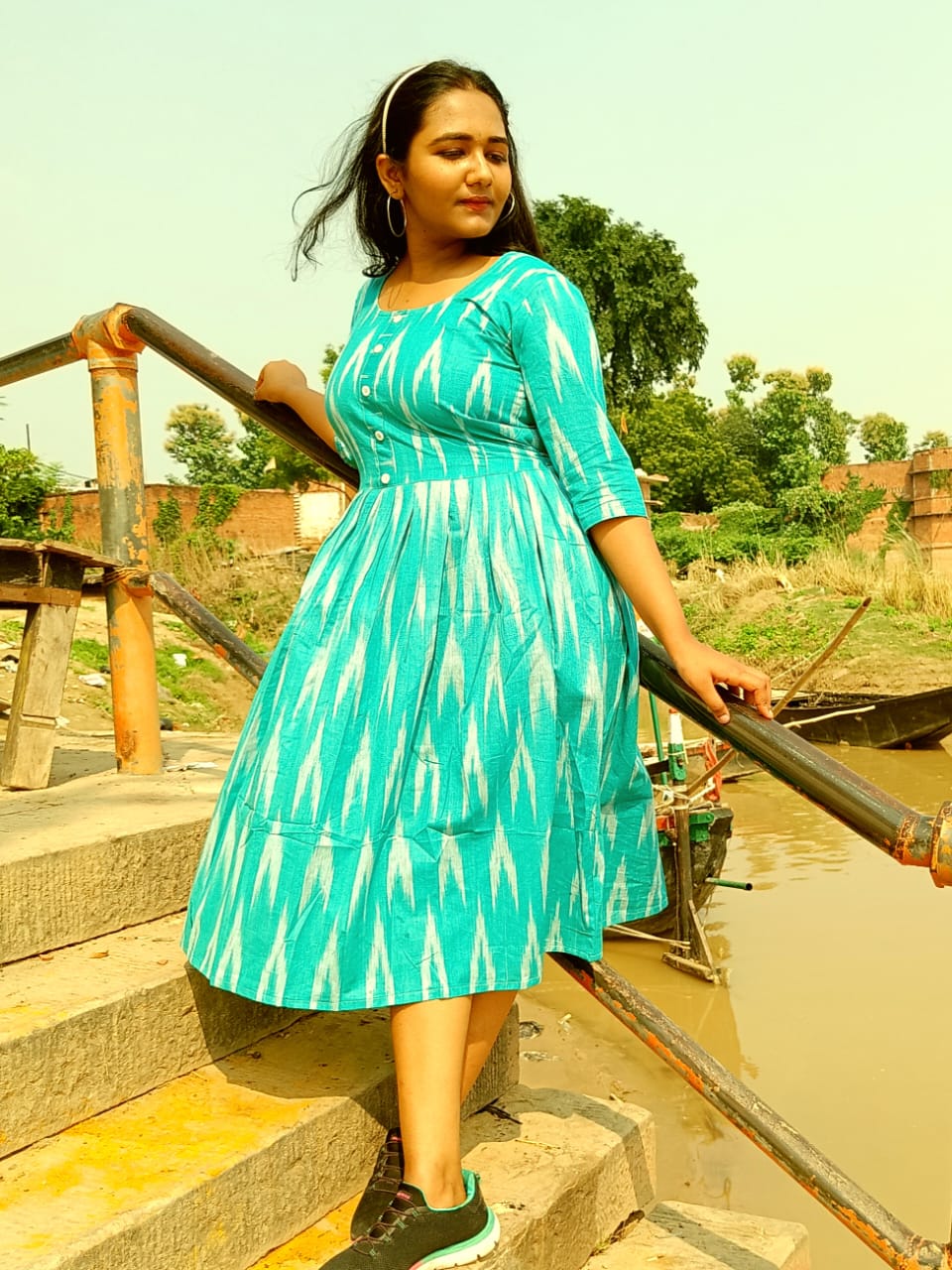 IndieHaat|Pure Cotton Dress Ikkat Design Blue 25% Off