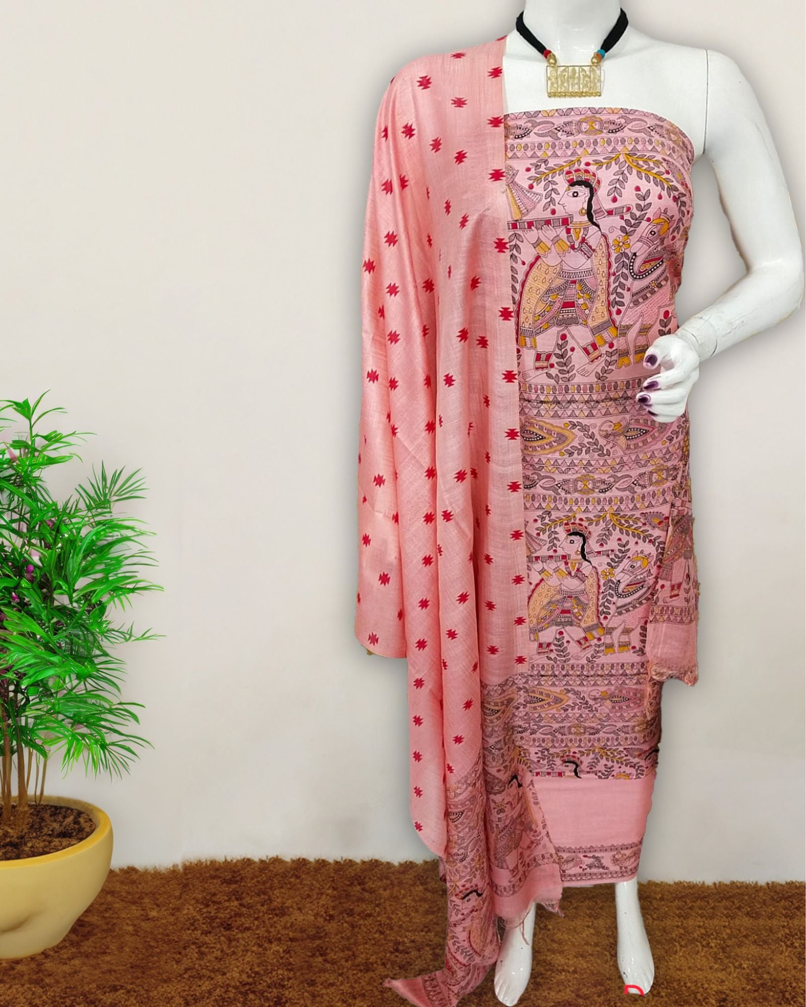 Katan Silk Suit Pale Rose Pink Color Madhubani Print - IndieHaat