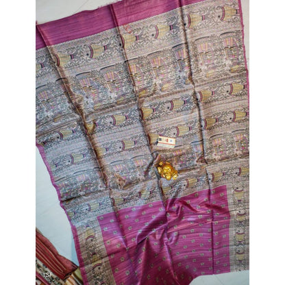 Silkmark Certified Tussar Silk Madhubani Block Print Biege color Saree with Blouse-Indiehaat