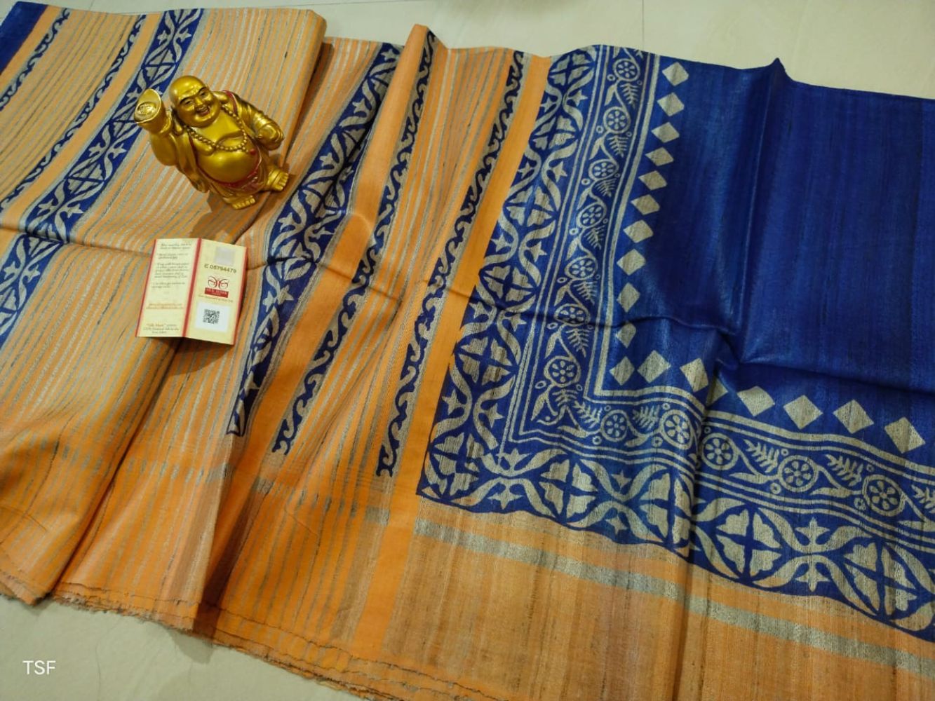 Silkmark Certified Tussar Silk Handloom Handblock Printed Blue and Orange Saree with Blouse-Indiehaat