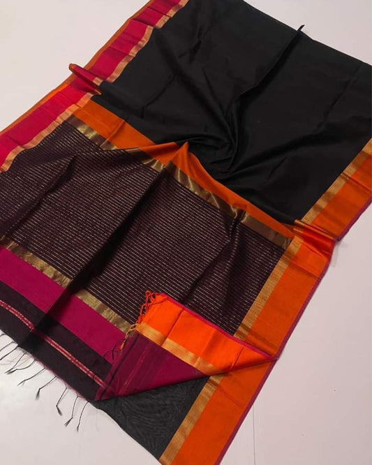 Pure Maheshwari Handloom Handwoven Silk Saree Black Color Zari Border with running blouse - IndieHaat