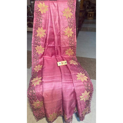 Silkmark Certifiied Pure Tussar Hand Cutwork Saree Cranberry Pink (Tussar by Tussar Fabric)-Indiehaat