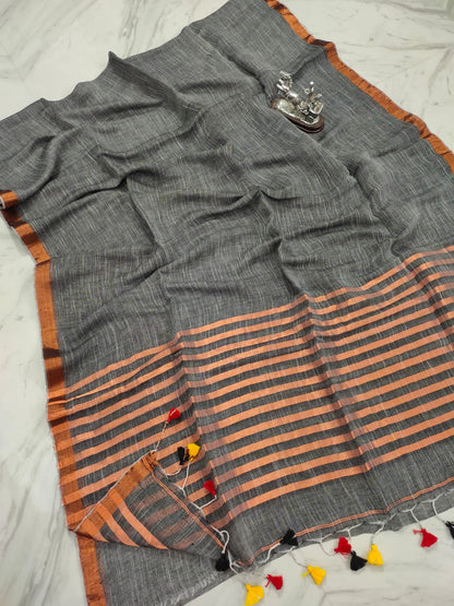Pure Linen Grey Saree Contrast Striped Pallu With Running Blouse-Indiehaat