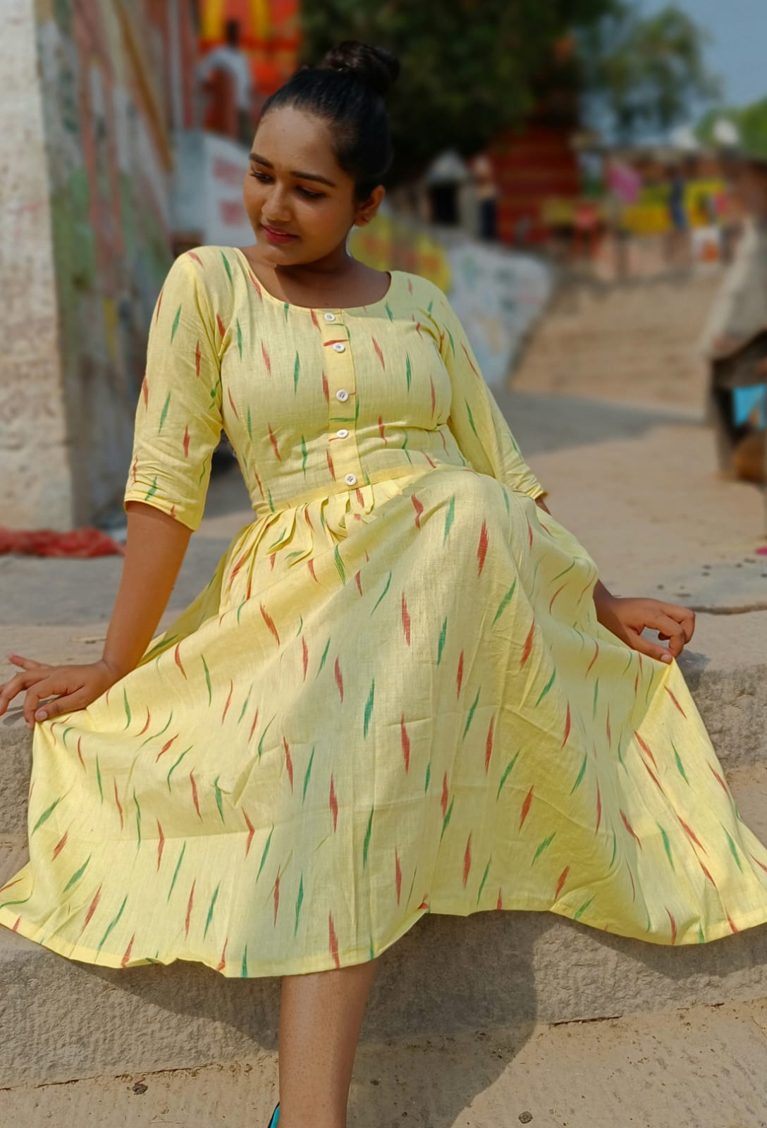 IndieHaat|Pure Cotton Dress Ikkat Design Yellow 25% Off