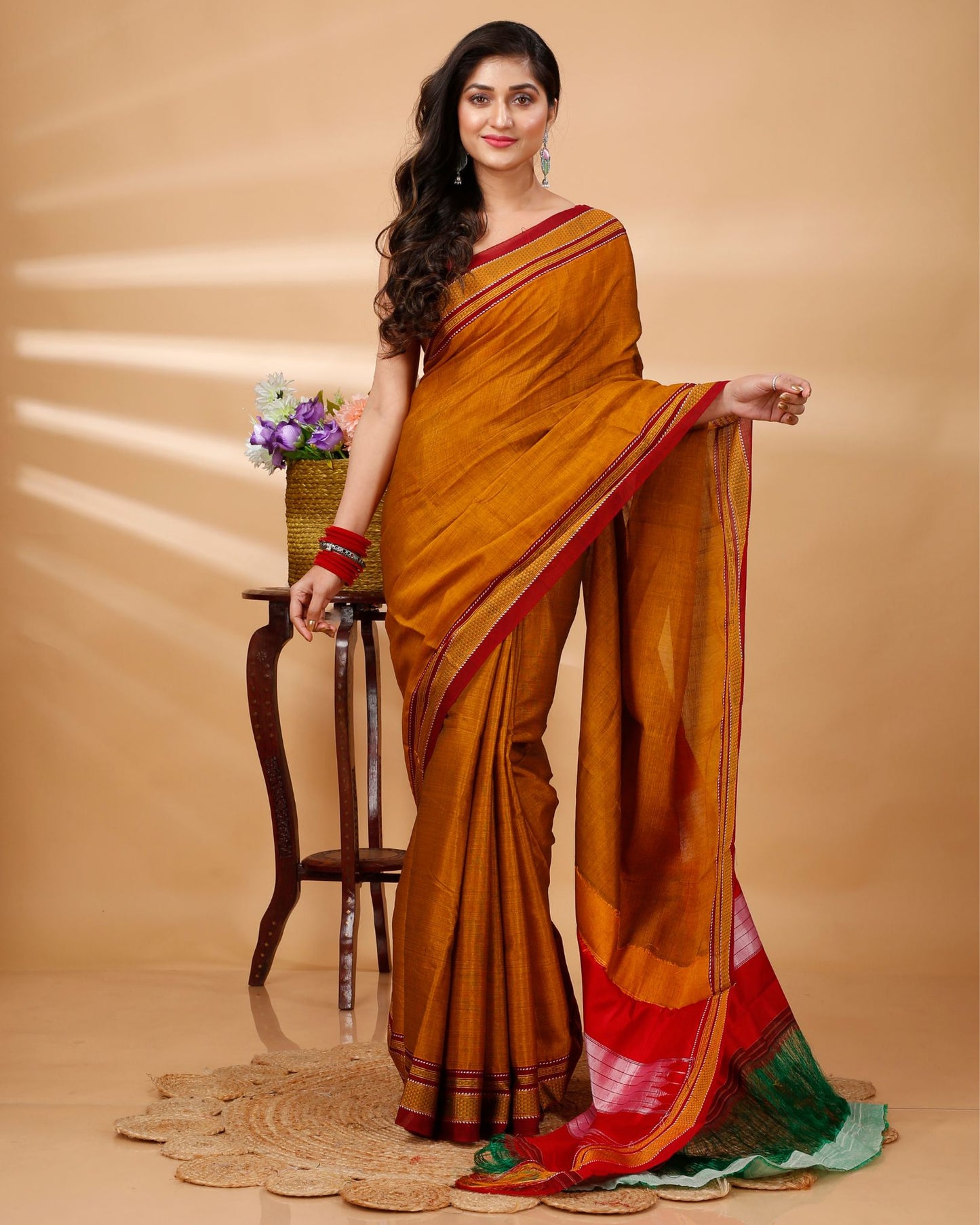 ILKAL Handloom Cotton Silk Saree Mustard Orange Color with running blouse - IndieHaat